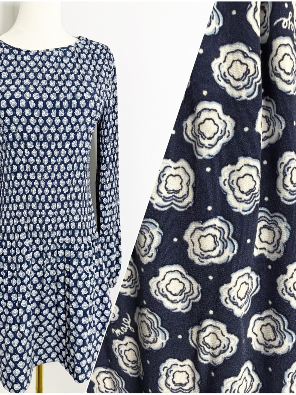 Maje Rockinover Pleated Mini Dress Size 36 Small Blue Floral Long Sleeve Paris